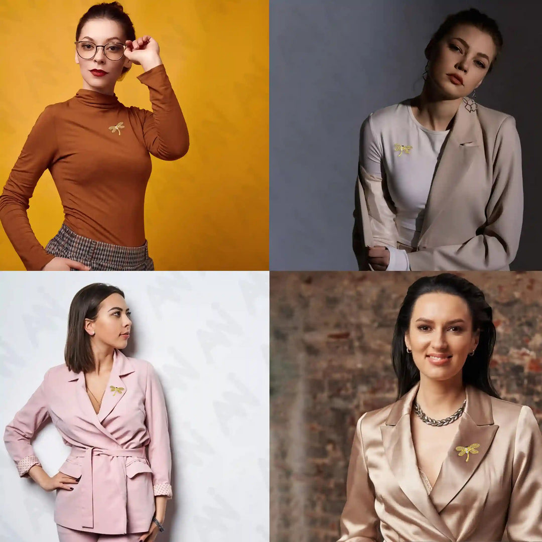 Dragonfly pearl brooch showcased on stylish models wearing elegant outfits