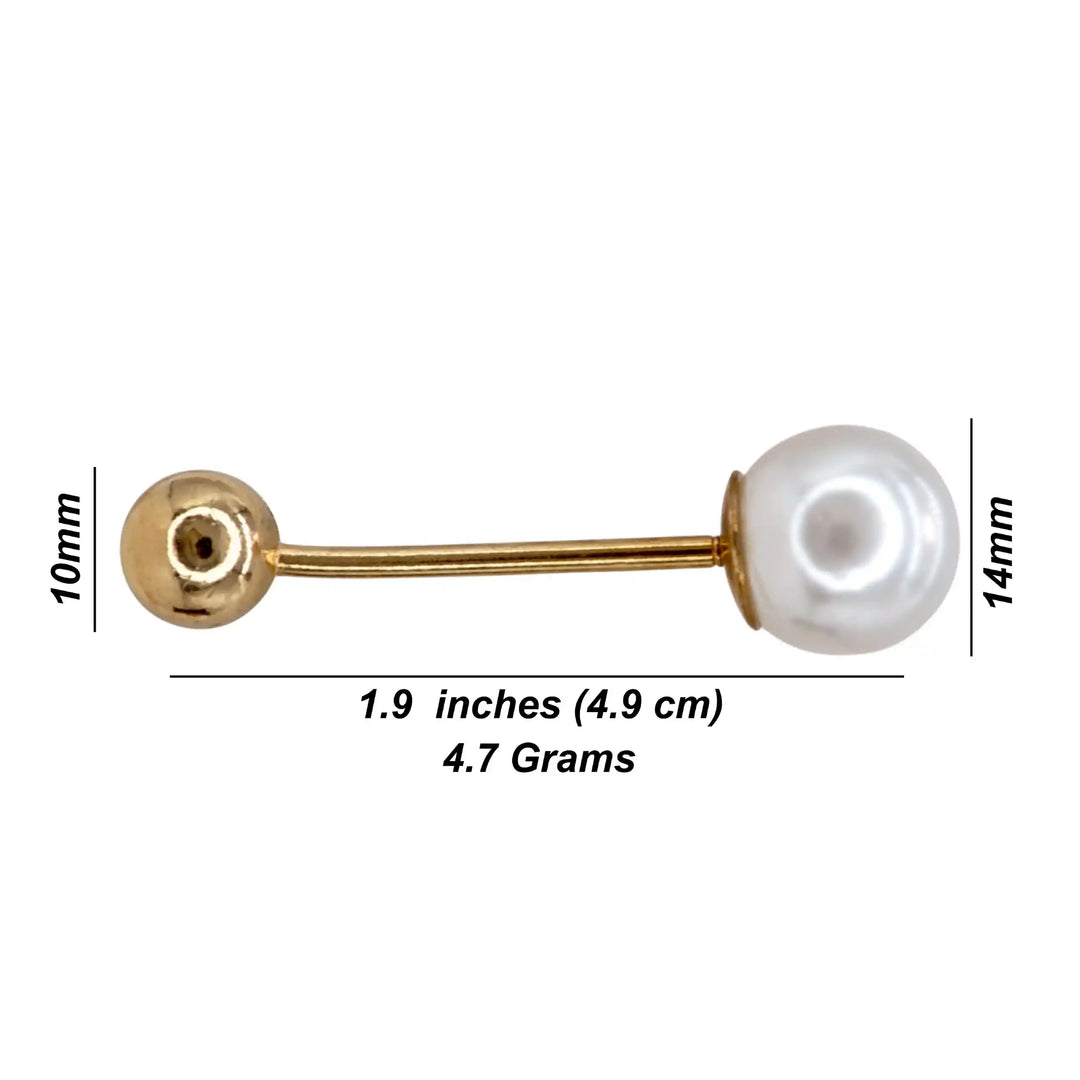 Dual pearl balance pin size chart, 4.9 cm long, 14 mm pearl, 10 mm gold ball, 4.7 grams with white color background 