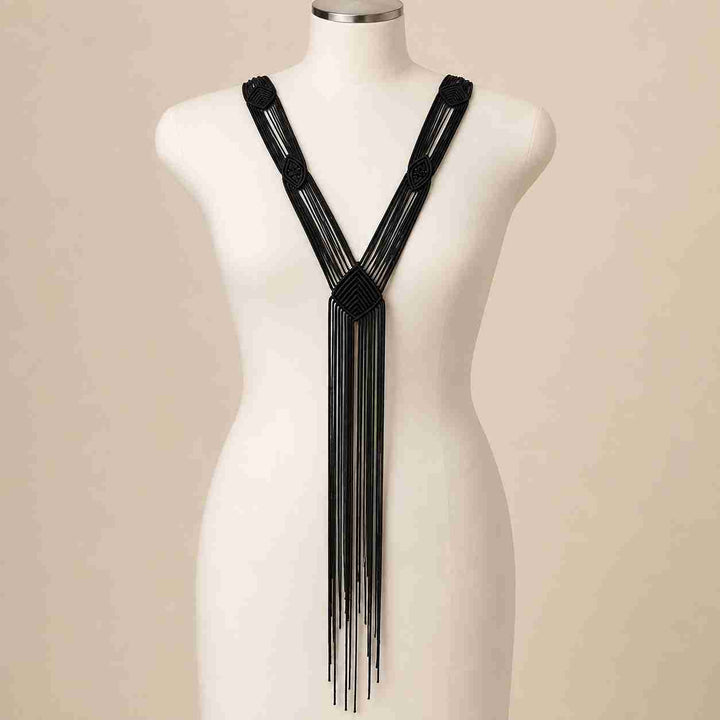 Black Macramé Y-Necklace Fringe Collar Patch
