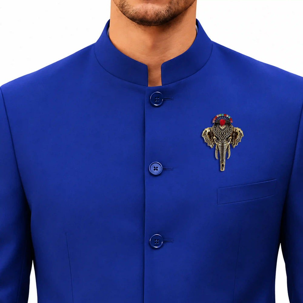 ANI Accessories elephant brooch pinned on the chest of a royal blue jodhpuri suit 