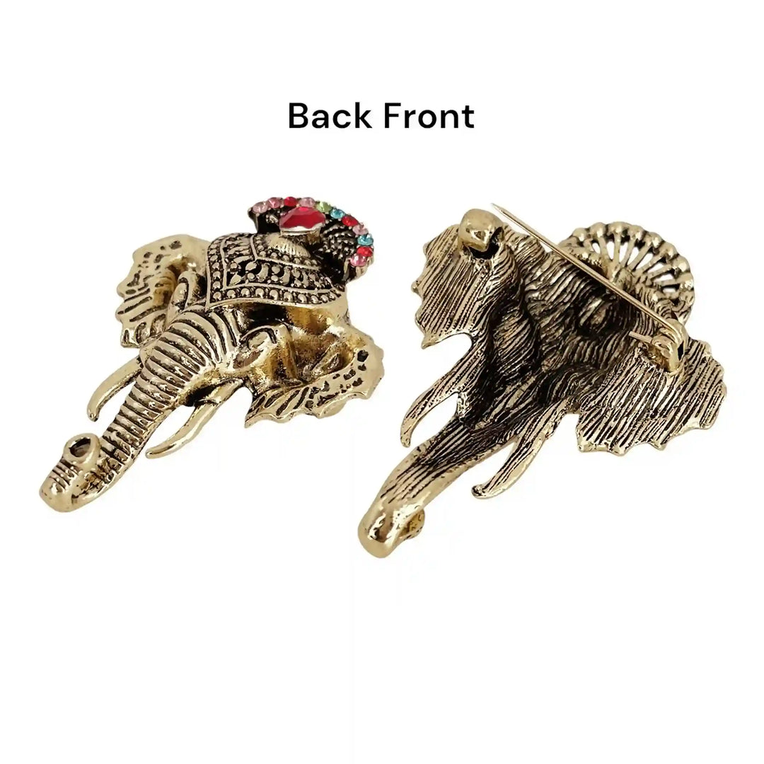 ANI Accessories elephant head brooch showing the front design and the pin back side with white color background 