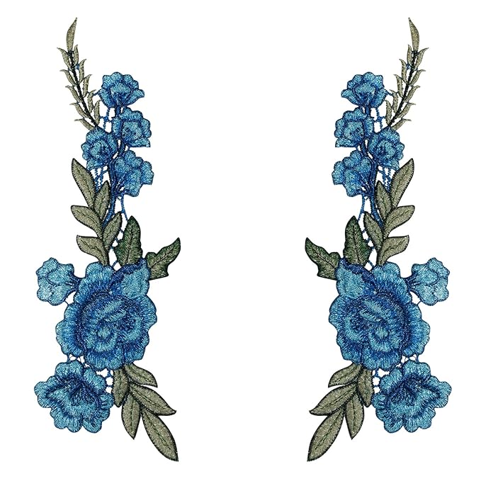 Embroidery Flower Patch for Female Style in Blue with Detailed Floral Design and Green Leaves