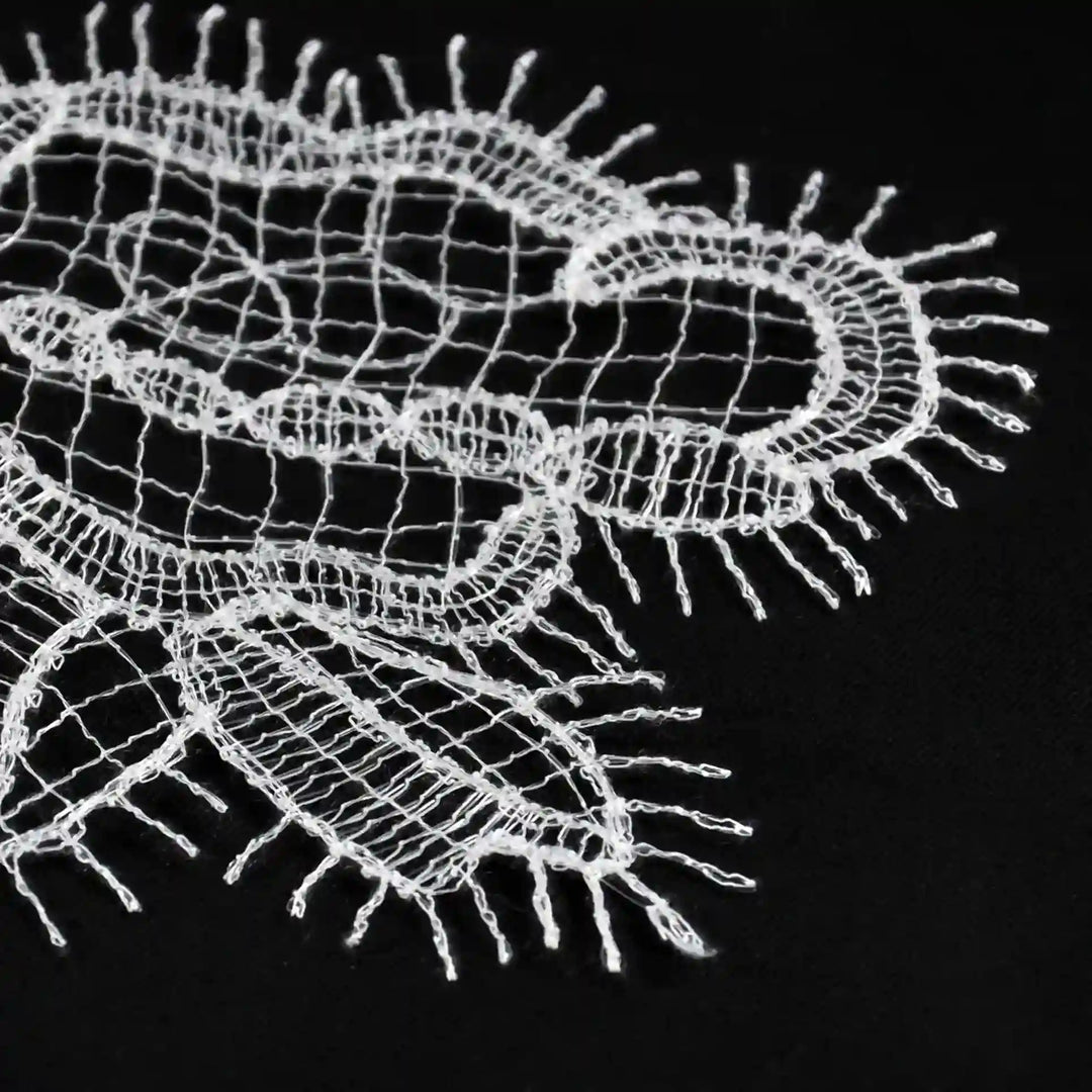 ANI Accessories close-up of the eyelash edge and mesh petals on a white flower patch 