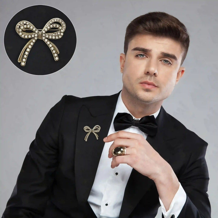 Stylish Bow Pearl Rhinestone Brooch for Women's Fashion worn by a man in a formal outfit
