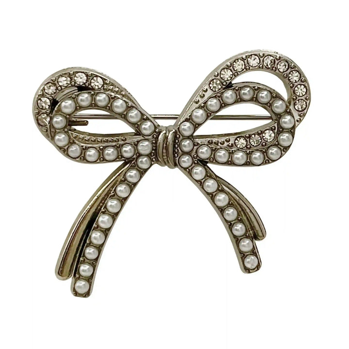 Elegant Bow Pearl Rhinestone Brooch for Women's Fashion, featuring a mix of pearls and rhinestones