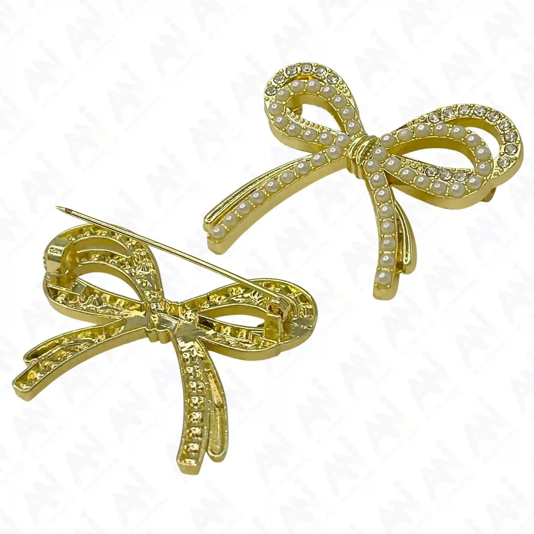 Gold Bow Pearl Rhinestone Brooch for Women's Fashion with Sparkling Detail and Elegant Design