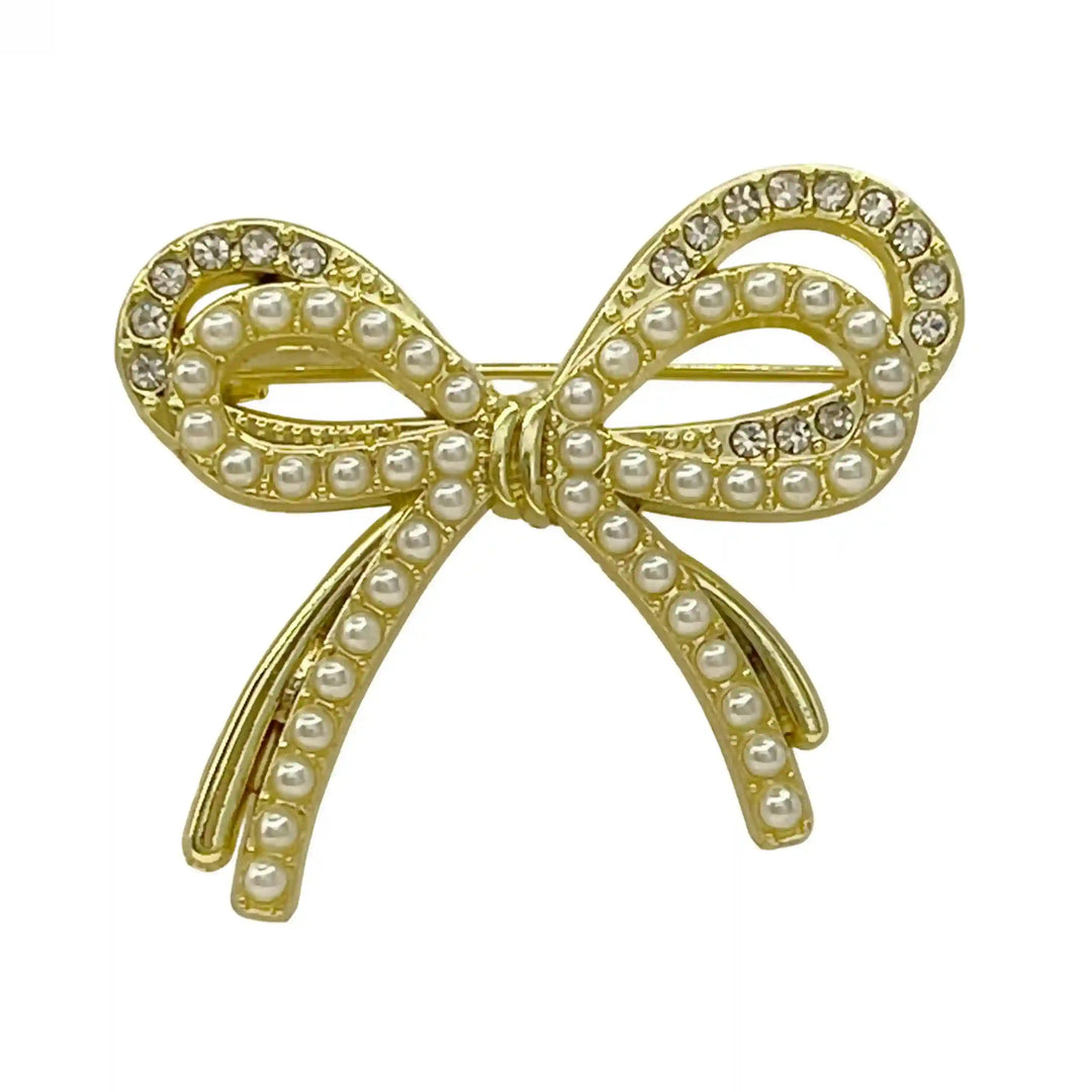 Gold Bow Pearl Rhinestone Brooch for Women's Fashion with elegant design and sparkling accents