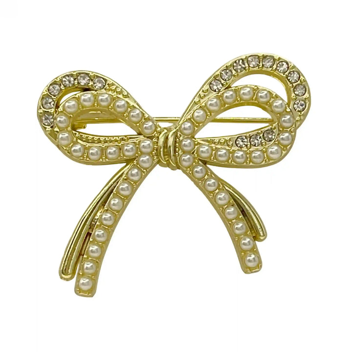 Gold Bow Pearl Rhinestone Brooch for Women's Fashion with elegant design and sparkling accents