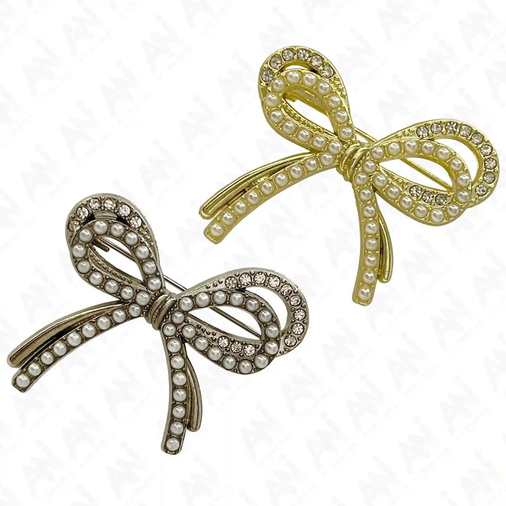Set of Bow Pearl Rhinestone Brooch for Women's Fashion in Gold and Silver Colors