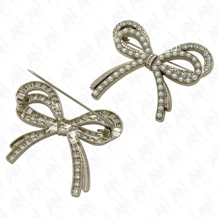 Silver Bow Pearl Rhinestone Brooch for Women's Fashion with sparkling details and elegant design