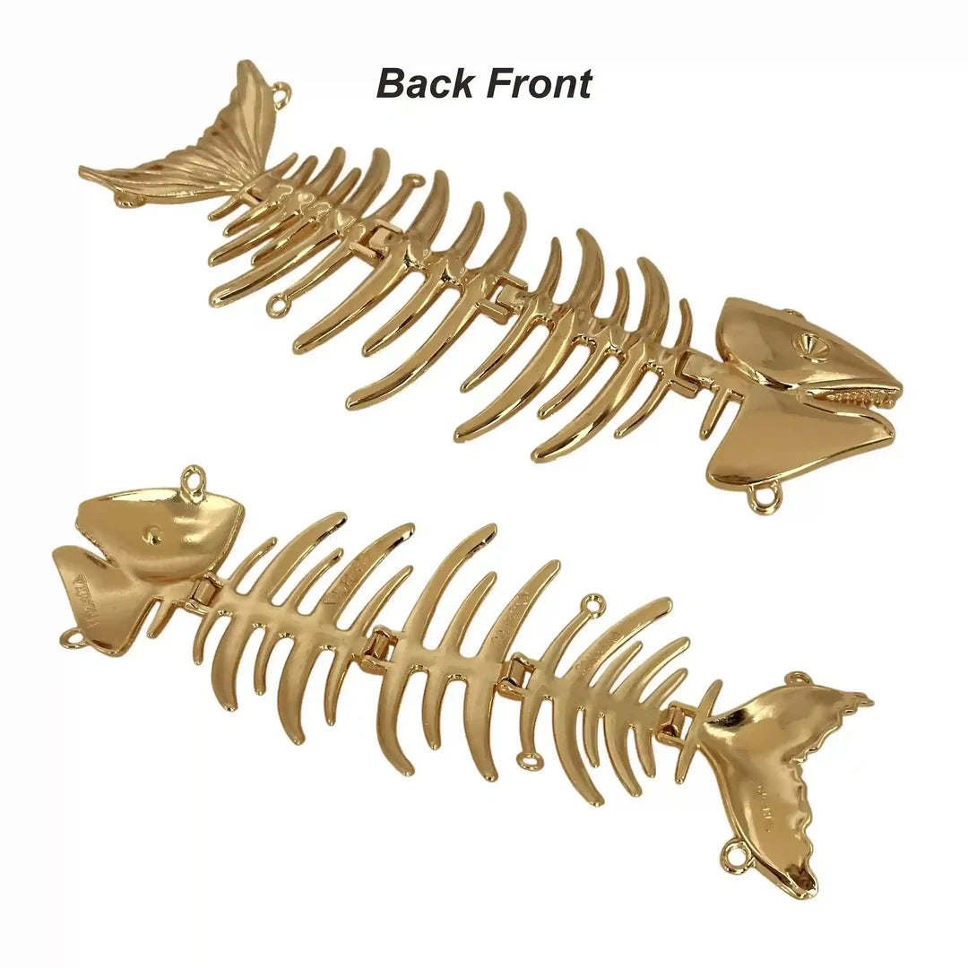 ANI Accessories fish skeleton brooch showing the front design and the back side with white color background 