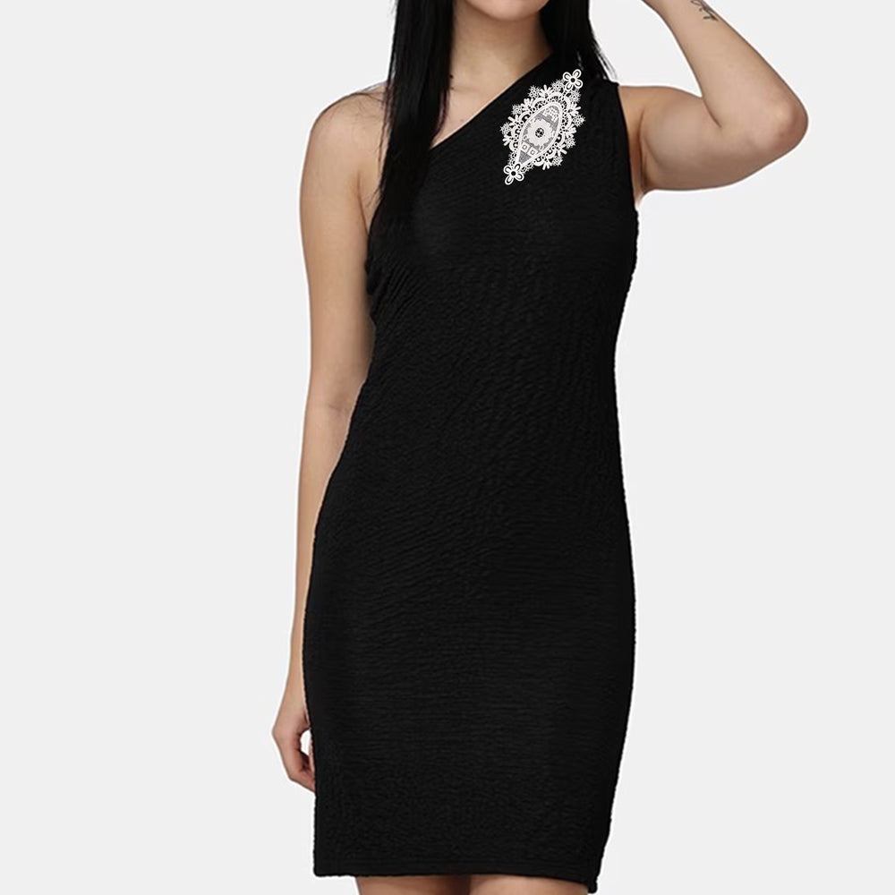 ANI Accessories floral applique patch stitched near the shoulder of a black sleeveless dress 