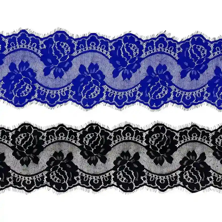 ANI Accessories floral royal blue and black French lace (Chantilly lace), 18 cm wide with white color background 