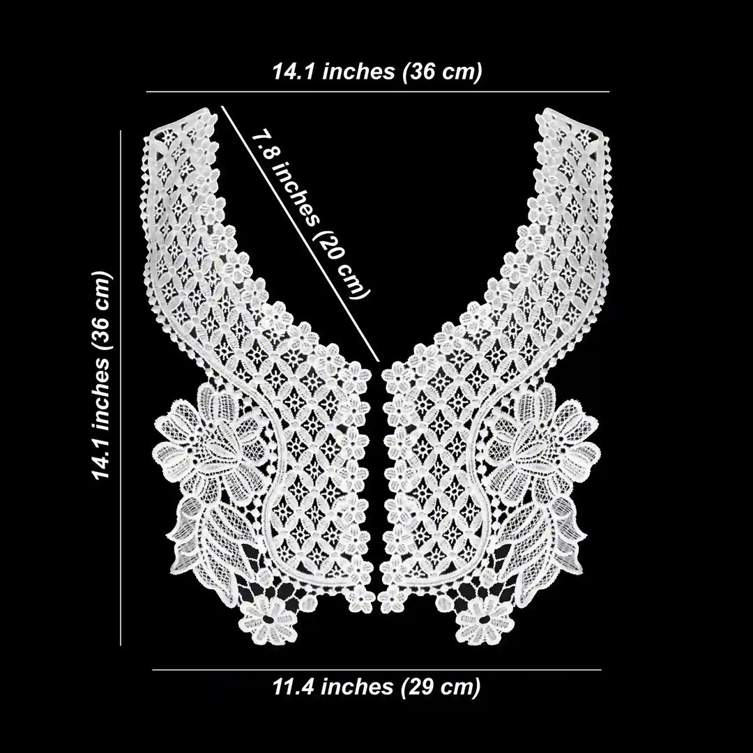 Floral V neckline patch size chart, 36 x 29 cm with 20 cm neck side with black color background 