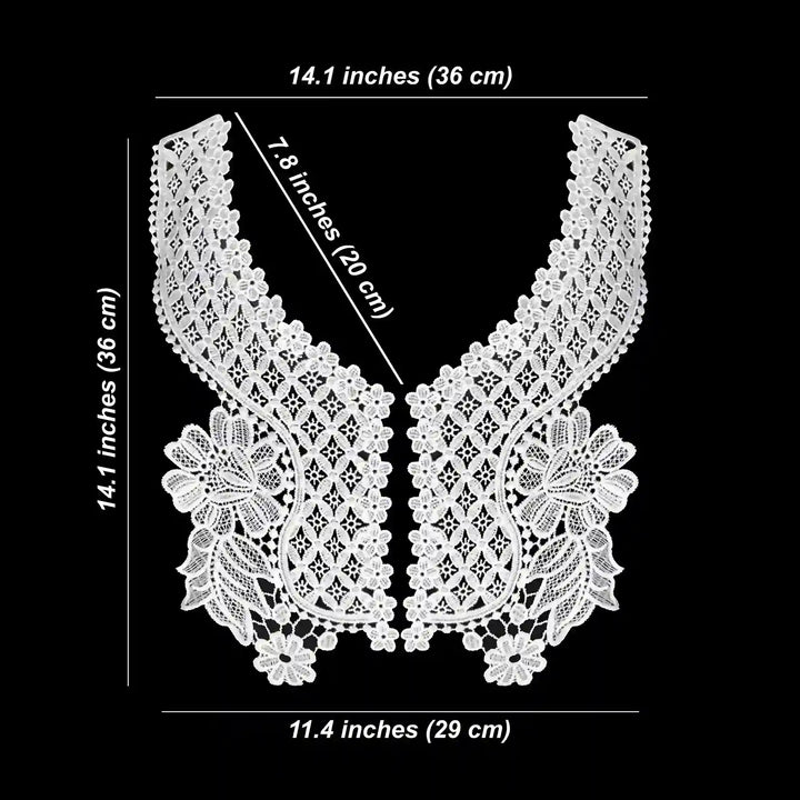 Floral V neckline patch size chart, 36 x 29 cm with 20 cm neck side with black color background 