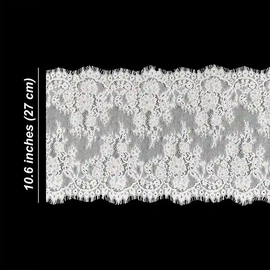 ANI Accessories French Chantilly lace size chart showing 10.6 inch (27 cm) width with black color background 