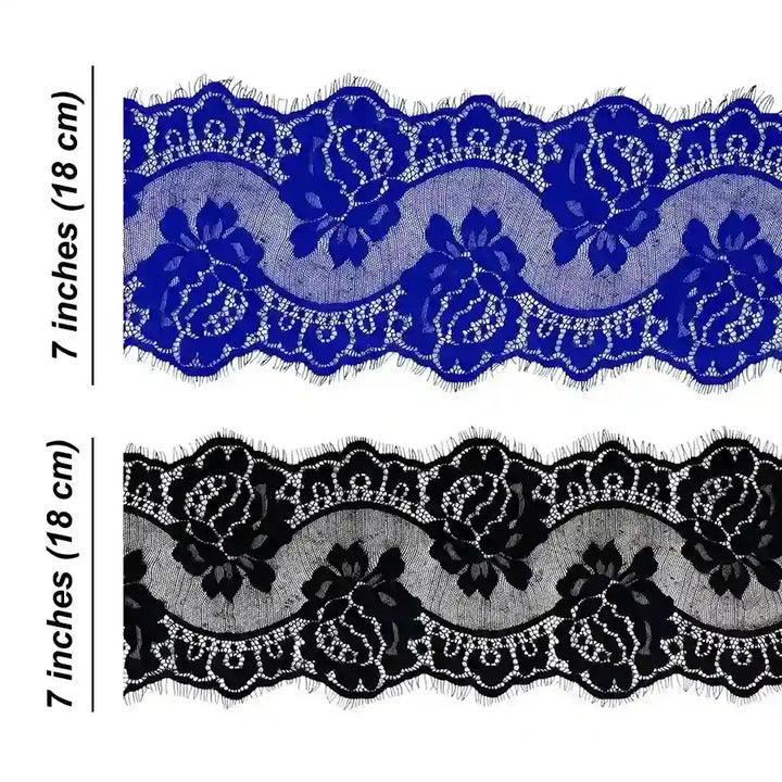 ANI Accessories French lace size chart showing 7 inch (18 cm) width in royal blue and black with white color background 