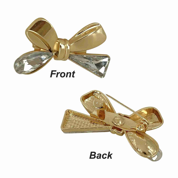 ANI Accessories gold bow brooch pin showing the front and the back with pin white colorr background 