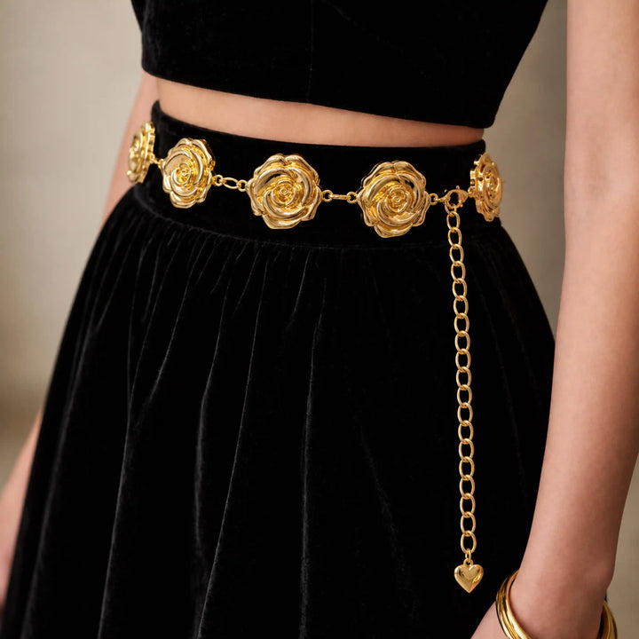 ANI Accessories gold chain belt for women worn with a black skirt and crop top 