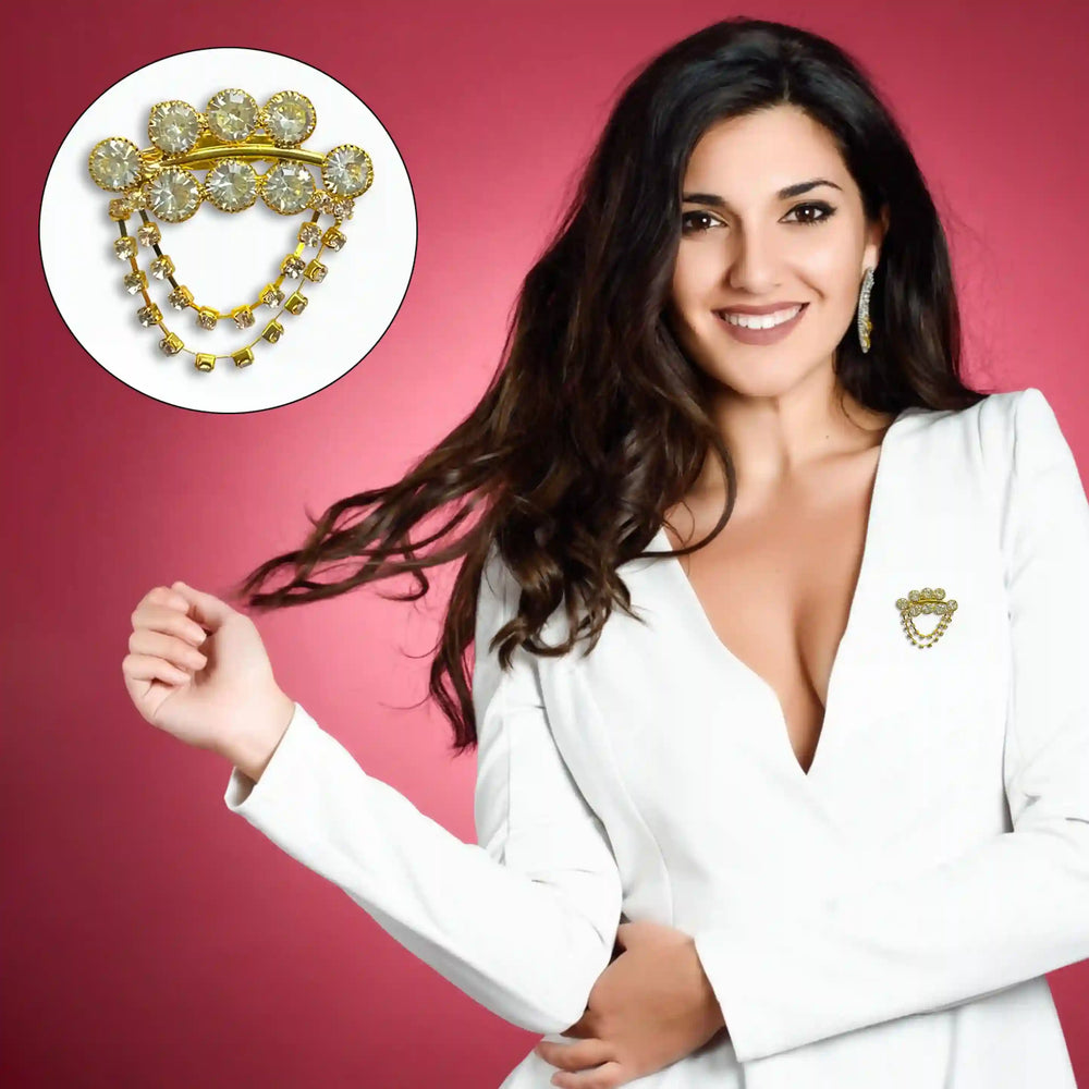 Gold Color Rhinestone & Crystal Brooch for Women's fashion styled on a model's elegant outfit