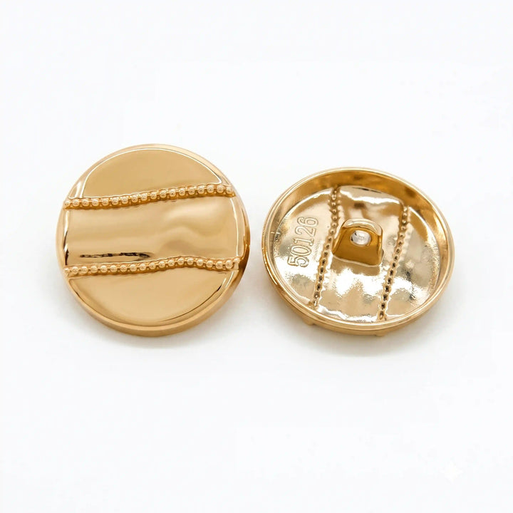 ANI Accessories polished gold metal button with diagonal beaded stripes, front view beside back view with shank and white color background 