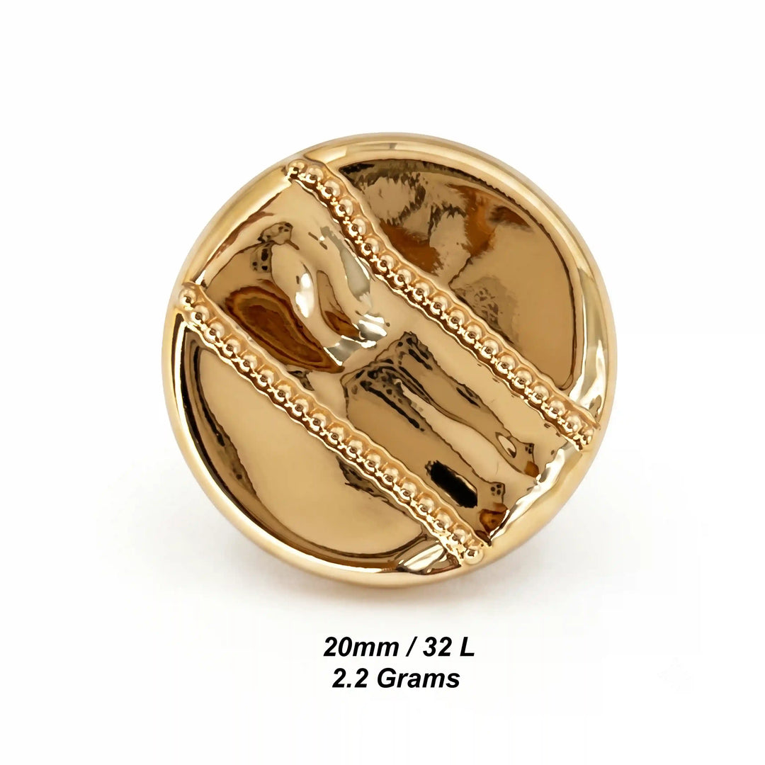 ANI Accessories gold diagonal beaded stripe metal button size chart: 20 mm (32 L) and 2.2 grams weight with white color background 