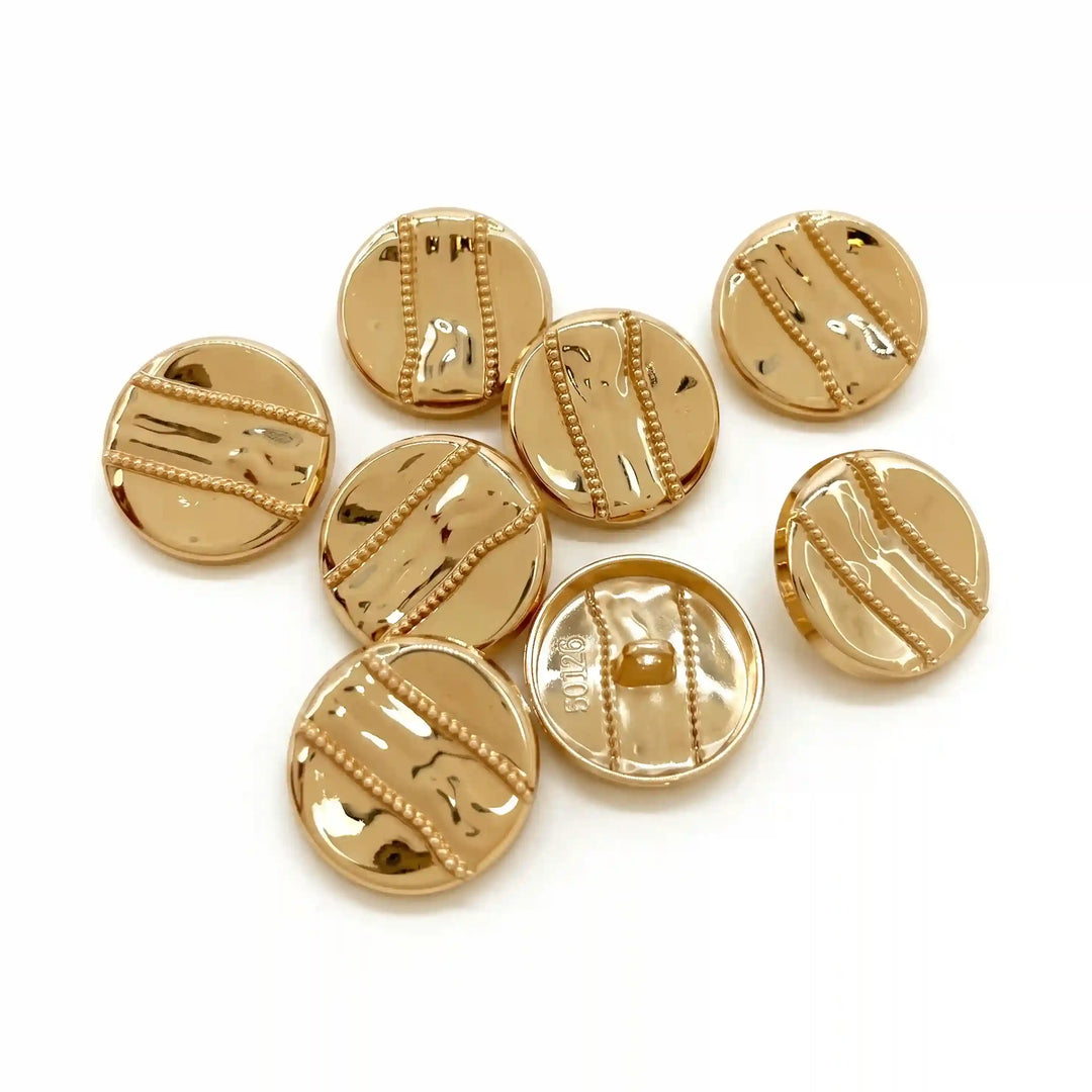 ANI Accessories set of 8 polished gold diagonal beaded stripe metal buttons on white, showing fronts and backs with white color background 