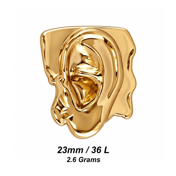 ANI Accessories gold ear button size chart showing 23mm 36L and 2.6 grams with with white color background 