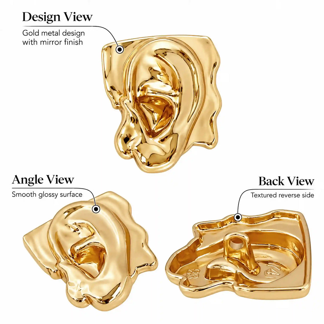 ANI Accessories gold ear designer button details showing mirror finish and textured back with white color background 