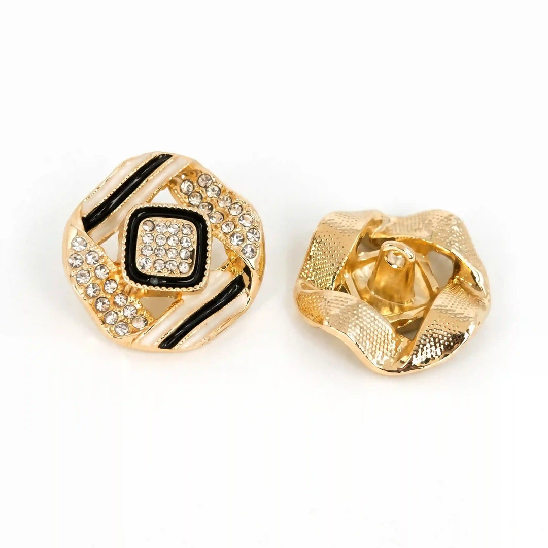 ANI Accessories gold geometric rhinestone metal button front view beside back view showing the shank, on white Background