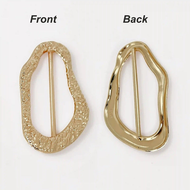 ANI Accessories front and back views of the gold hammered freeform slide buckle on white background 