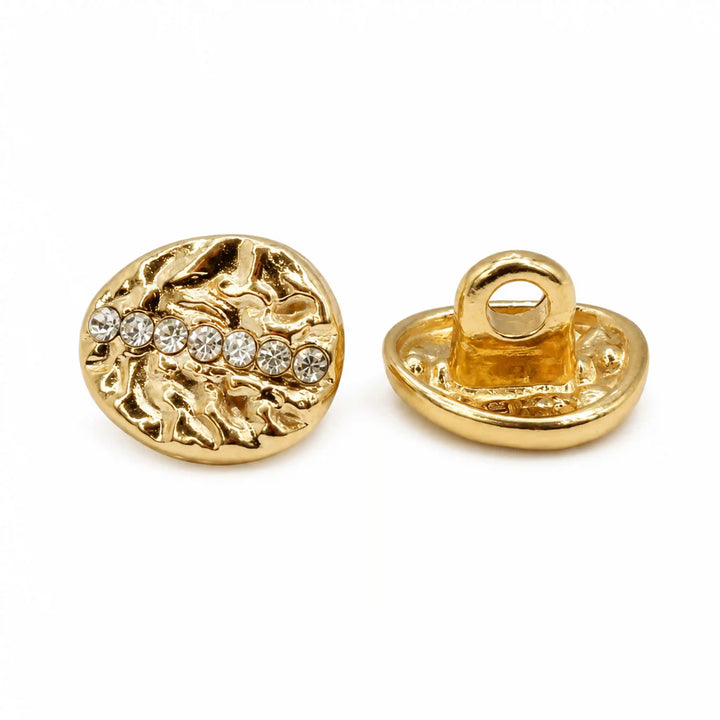 ANI Accessories gold hammered oval rhinestone button front view beside back view showing the shank, on white Background 