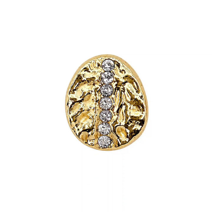 ANI Accessories gold hammered oval metal button with a vertical line of seven rhinestones, front view on white Background 