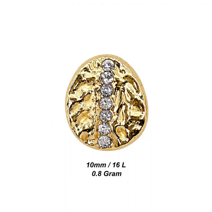 ANI Accessories gold hammered oval rhinestone metal button size chart: 10 mm (16 L) and 0.8 grams weight background 