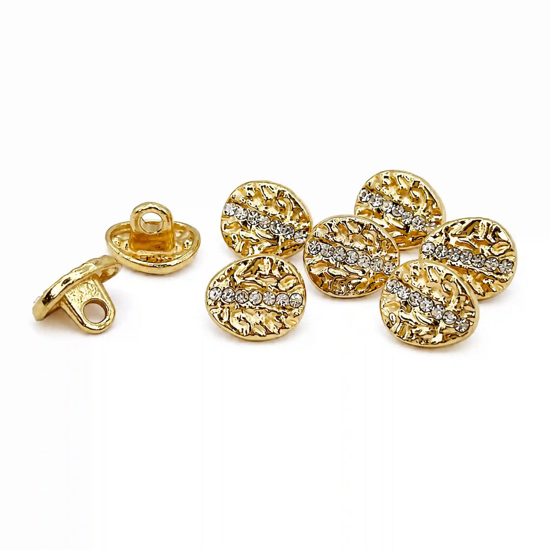 ANI Accessories set of 8 gold hammered oval metal buttons with rhinestone stripe on white, some showing the shank with white color background 