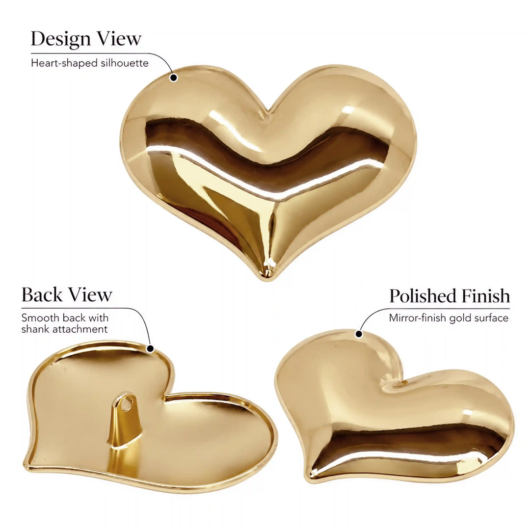 ANI Accessories gold heart shaped button details showing mirror finish and shank back with white color background 