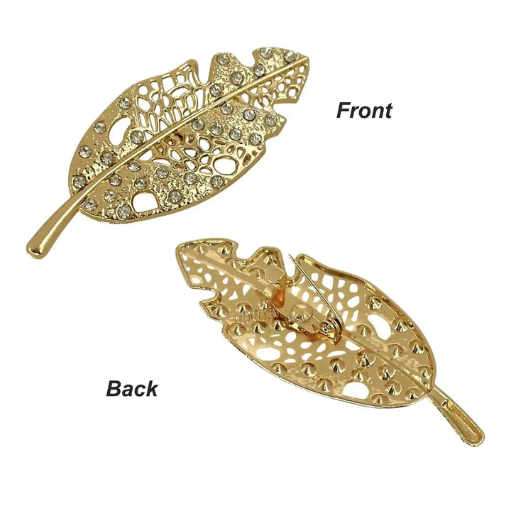 ANI Accessories gold leaf brooch showing the front design and the pin on the back  with white color background 