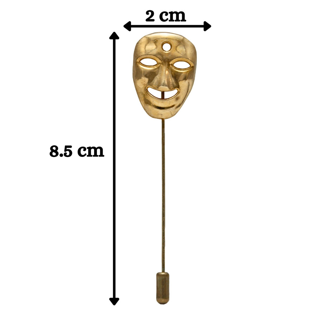 Gold mask lapel pin by Ani Accessories, featuring a unique design and dimensions of 2 cm by 8.5 cm