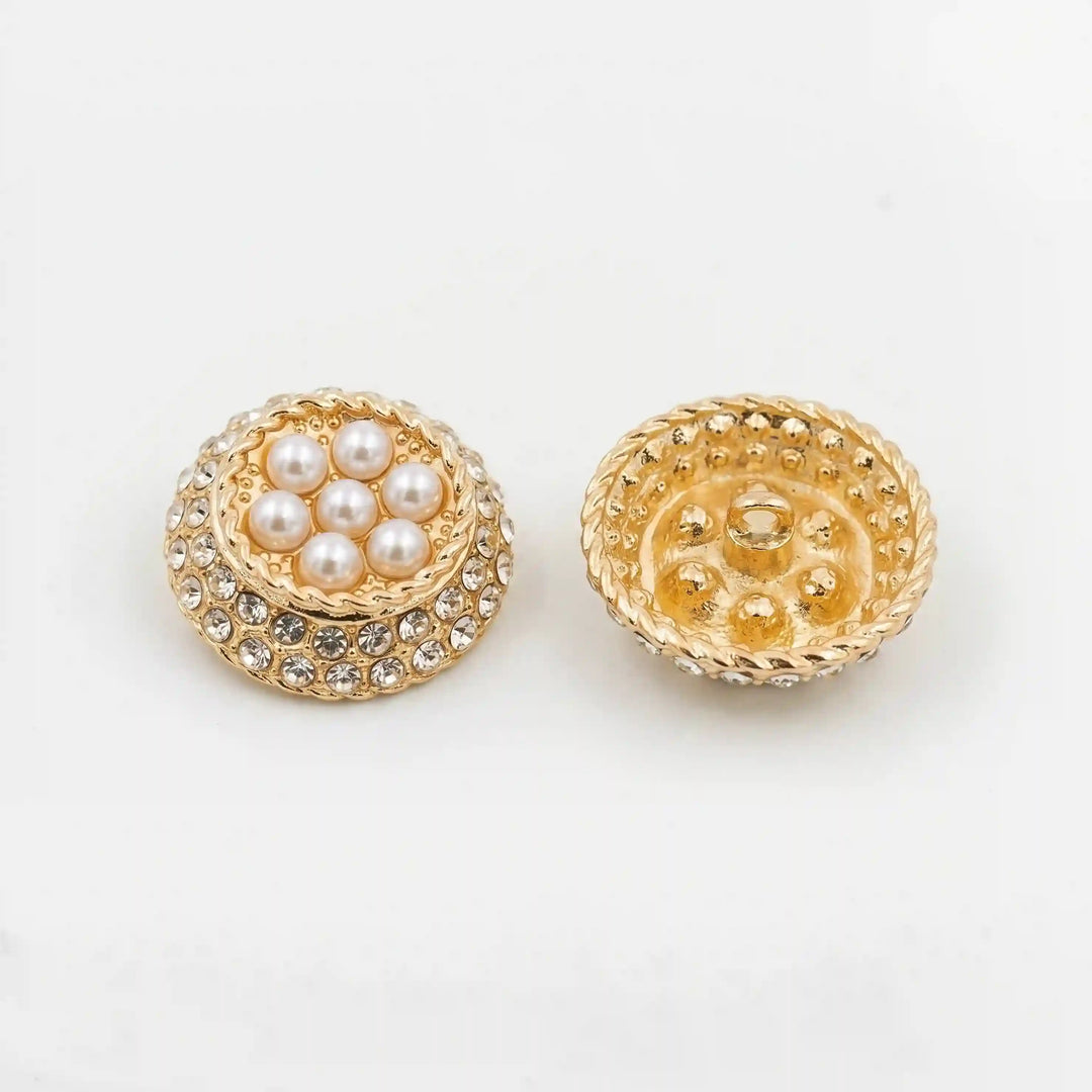 ANI Accessories gold pearl-look rhinestone cluster button front view beside gold back view showing the shank with white color background 
