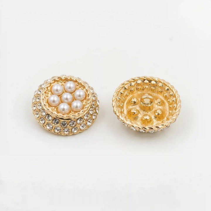 ANI Accessories gold pearl-look rhinestone cluster button front view beside gold back view showing the shank with white color background 