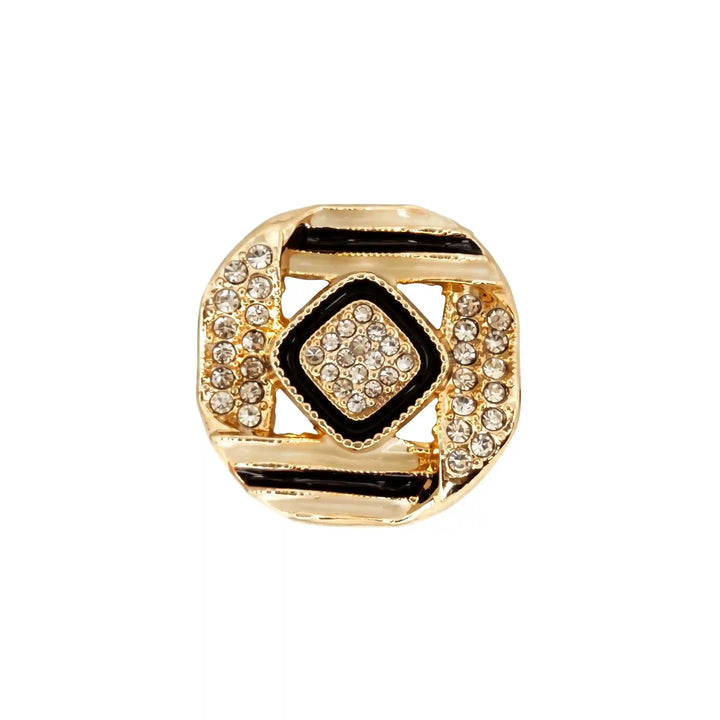ANI Accessories gold rhinestone metal button, straight-on view of black enamel stripes and stone-set centre diamond with white color background