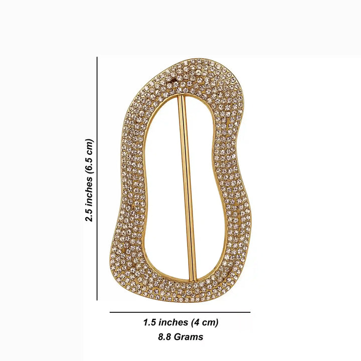 ANI Accessories gold rhinestone freeform buckle size chart: 6.5 cm high, 4 cm wide, 8.8 grams 
