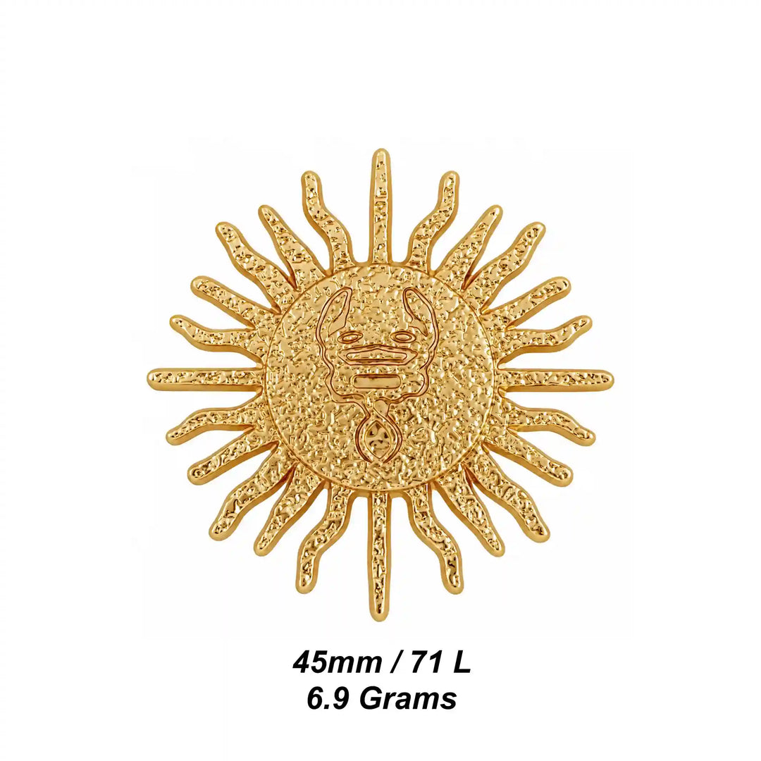 ANI Accessories gold sun button size chart showing 45mm 71L and 6.9 grams with white color background 