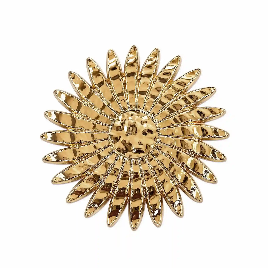 ANI Accessories gold sunflower brooch with hammered rays and round centre, front view on white color background 