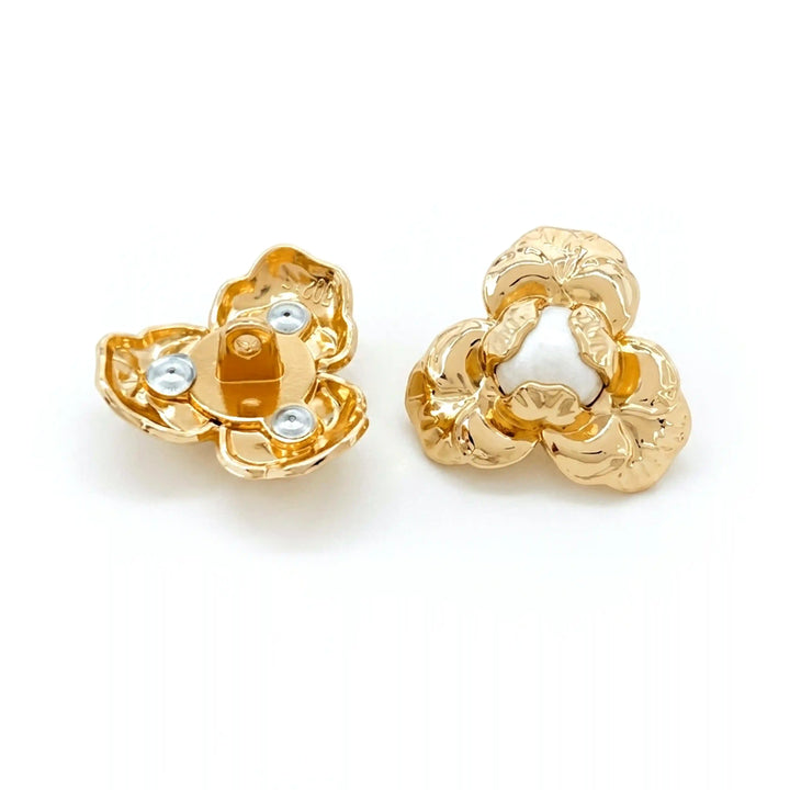 ANI Accessories gold three-petal flower metal button front view beside back view showing the shank, on white Background