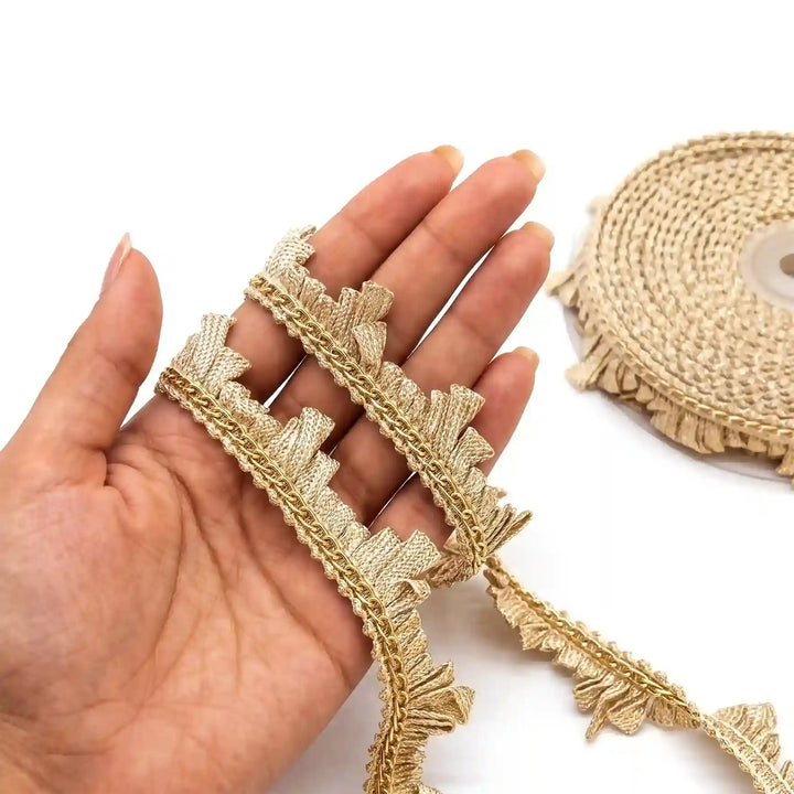 ANI Accessories golden lace for saree held in hand next to the roll with white color background 