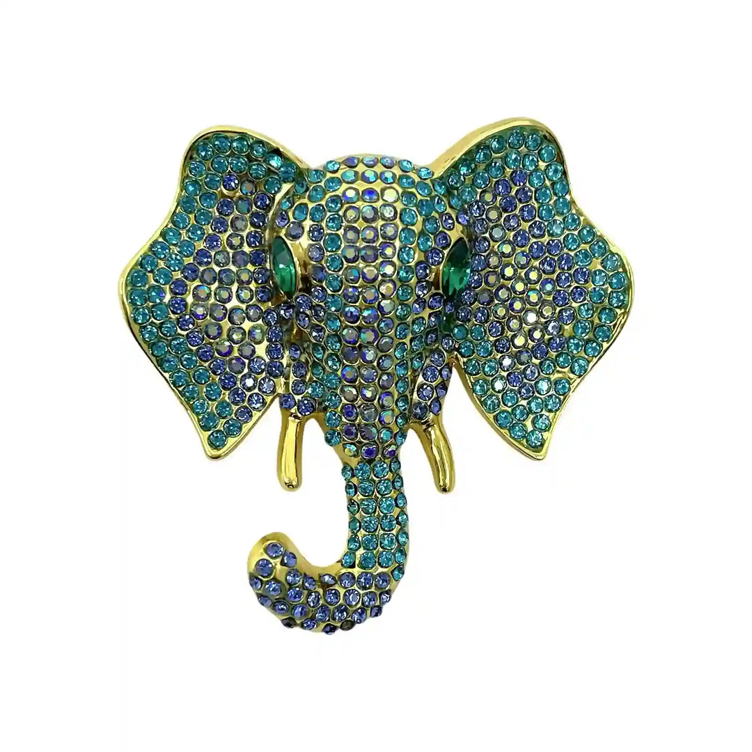 ANI Accessories green elephant brooch covered in teal-green rhinestones with a curled trunk with white color background 