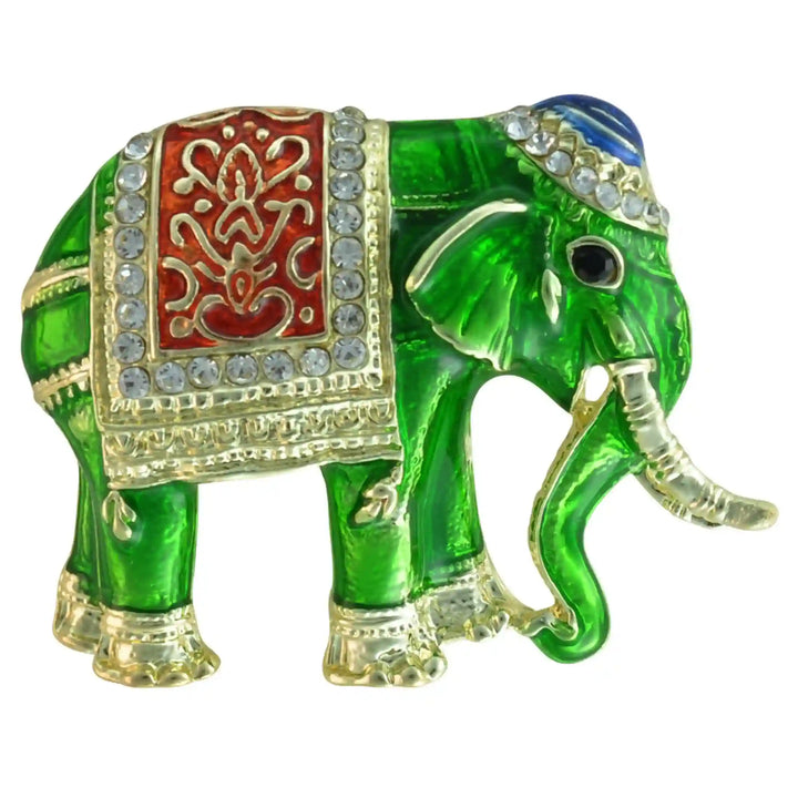 Green enamel elephant brooch with gold-tone trims and rhinestone saddle cloth 