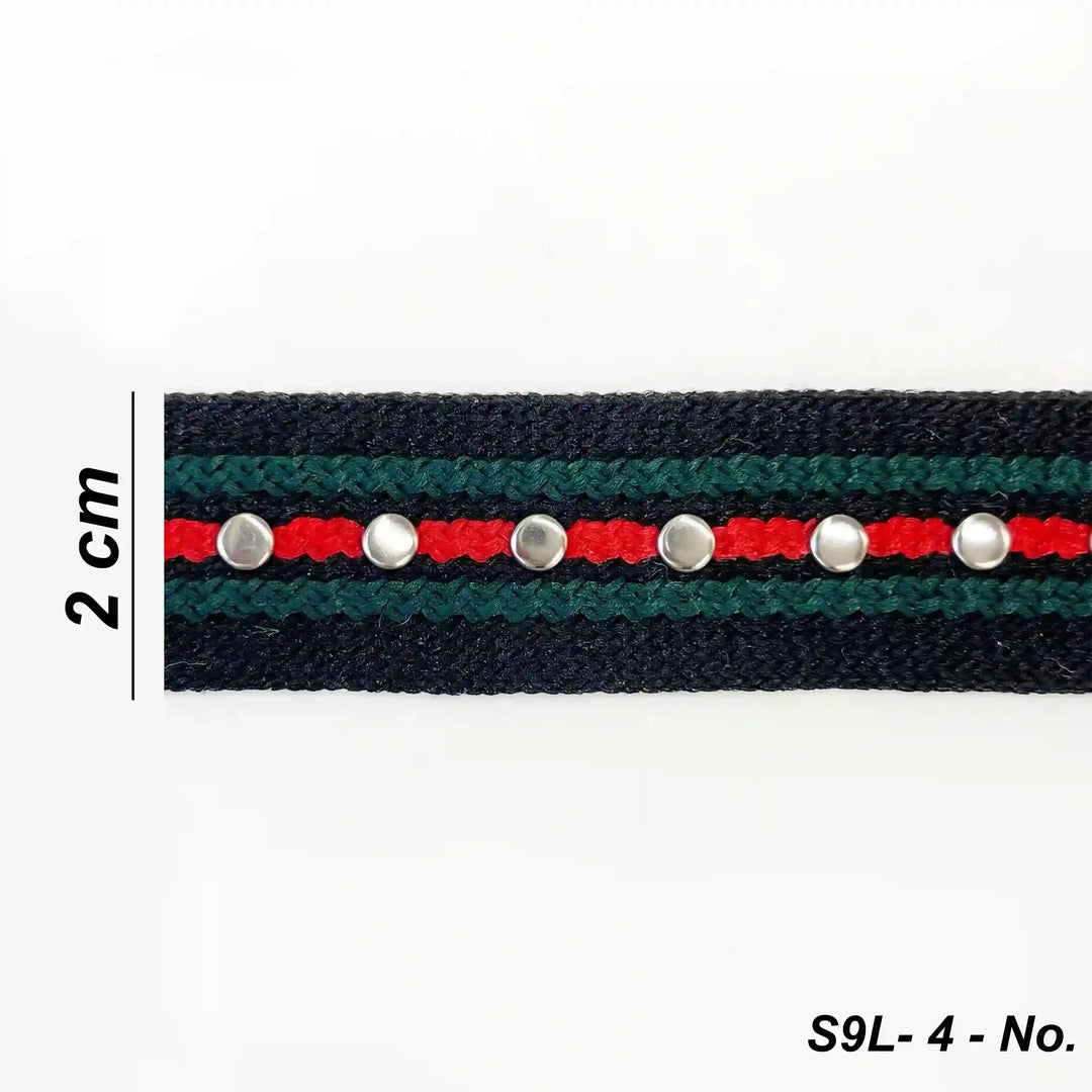 ANI Accessories green and red striped ribbon with silver studs, folded in a zigzag with white color background 
