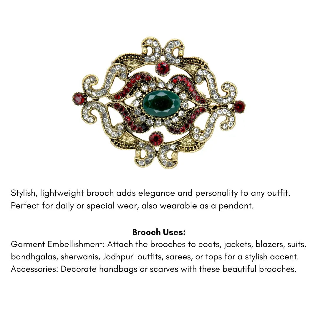ANI Accessories green stone baroque brooch with a list of uses on sarees, suits, sherwanis and bags 